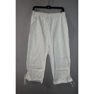 Pappagallo Women’s Linen Elastic Waist Relaxed Fit White Capri Medium Stitching